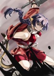 Rule 34 | 1girl, animal ears, aquaplus, bare shoulders, blue hair, blush, braid, breasts, chain, cleavage, collar, gauntlets, greatsword, hair between eyes, holding, holding sword, holding weapon, japanese clothes, karulau, kimono, kitarune, long hair, long sleeves, looking to the side, medium breasts, nose blush, off shoulder, parted lips, shorts, sideboob, sidelocks, signature, single braid, sleeveless, solo, squatting, sword, tail, thighs, utawarerumono, very long hair, weapon