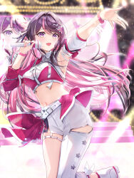 1girl armpits asymmetrical_clothes azki_(hololive) black_hair blush breasts clothing_cutout commentary_request crop_top hair_intakes hands_up highres hololive leg_cutout long_hair medium_breasts microphone midriff multicolored_hair navel open_mouth pink_hair purple_eyes single_pantsleg smile stage_lights stomach streaked_hair thighs virtual_youtuber white_hair yuki_haru