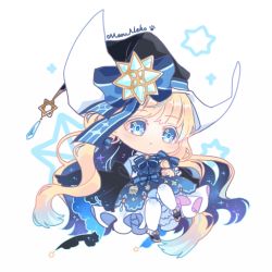 Rule 34 | 1girl, :&lt;, black hat, blonde hair, blue bow, blue eyes, blue hair, blue neckwear, blue ribbon, blush, bow, chibi, closed mouth, colored inner hair, dress, floating, frills, full body, gem, gradient hair, hair bow, hair ribbon, hat, hat bow, layered dress, long hair, long sleeves, looking at viewer, maruneko, multicolored hair, original, pantyhose, petticoat, ribbon, shoes, simple background, solo, star (symbol), symbol in eye, tress ribbon, very long hair, wavy hair, white background, white pantyhose, witch, witch hat