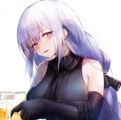 Rule 34 | 1girl, absurdres, alcohol, arknights, ascot, bad id, bad pixiv id, bare shoulders, beer, beer mug, black ascot, black gloves, blush, breasts, chinese commentary, commentary request, cup, foam, gloves, hair between eyes, hasiki, highres, large breasts, long hair, mug, no headwear, silver hair, simple background, skadi (arknights), smile, solo, tongue, upper body