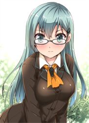 Rule 34 | 10s, 1girl, aqua hair, bespectacled, blush, breasts, dated, glasses, go-it, hair ornament, hairclip, kantai collection, large breasts, long hair, looking at viewer, school uniform, signature, solo, suzuya (kancolle), upper body