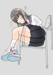 Rule 34 | 1girl, black hair, black skirt, blue footwear, blue sailor collar, blush, chair, closed eyes, closed mouth, embarrassed, female focus, flat chest, from below, grey background, have to pee, highres, japanese text, jpeg artifacts, long sleeves, miniskirt, neckerchief, original, pleated skirt, red neckerchief, sailor collar, school uniform, serafuku, shirt, shoes, simple background, sitting, skirt, socks, solo, sweat, translation request, trembling, ugonoakita, white shirt, white socks, x-ray