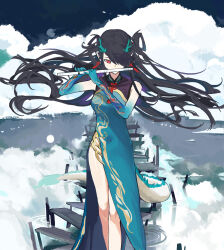 Rule 34 | 1girl, absurdres, arknights, black hair, china dress, chinese clothes, cloud, colored skin, covered navel, dress, dusk (arknights), earrings, feet out of frame, floating hair, flute, gohanduck, green dress, hair over one eye, hands up, highres, holding, holding instrument, horns, instrument, jewelry, long hair, music, playing instrument, pointy ears, red eyes, reflection, ripples, side slit, sleeveless, sleeveless dress, solo, tail, walking, water, wooden bridge