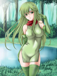 Rule 34 | 1girl, bare shoulders, breasts, dress, elbow gloves, fire emblem, fire emblem: mystery of the emblem, forest, gloves, green dress, green eyes, green hair, green skirt, groin, hair flip, headband, highres, impossible clothes, large breasts, long hair, matching hair/eyes, nature, nintendo, palla (fire emblem), red scarf, scarf, short dress, side slit, skirt, solo, tamamon, thighhighs