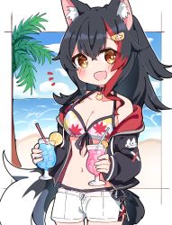 Rule 34 | 1girl, :d, animal collar, animal ears, bare shoulders, beach, bikini, bikini shorts, bikini under clothes, black collar, black hair, black jacket, blush, breasts, chibi, cleavage, collar, flipped hair, floral print, front-tie bikini top, front-tie top, hair ornament, hairclip, hololive, hood, hooded jacket, jacket, long hair, long sleeves, looking at viewer, multicolored hair, navel, official alternate costume, ookami mio, ookami mio (hololive summer 2019), open clothes, open jacket, open mouth, ponytail, rabiiandrain, red hair, shirt, shorts, sleeveless, sleeveless shirt, smile, solo, spiked hair, streaked hair, swimsuit, tail, tropical drink, very long hair, virtual youtuber, white bikini, white hair, white shorts, wolf ears, wolf girl, wolf tail, yellow eyes