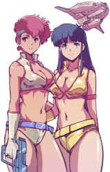 Rule 34 | 2girls, armlet, belt, blue eyes, blue hair, breasts, cleavage, collarbone, commentary, cowboy shot, crop top, dark blue hair, dirty pair, energy gun, gloves, gun, headband, kamisimo 90, kei (dirty pair), large breasts, long hair, looking at viewer, messy hair, midriff, multiple girls, navel, open mouth, ray gun, red eyes, red hair, shiny clothes, shiny skin, short hair, sidelocks, single glove, smile, spacecraft, weapon, white background, yellow gloves, yuri (dirty pair)