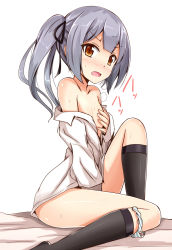 Rule 34 | 10s, 1girl, aikawa ryou, bare shoulders, black socks, blush, bow, bow panties, brown eyes, covering breasts, covering crotch, covering privates, female masturbation, grey hair, hair ribbon, kantai collection, kasumi (kancolle), kasumi kai ni (kancolle), knee up, kneehighs, looking at viewer, masturbation, naked shirt, nose blush, off shoulder, open mouth, panties, panties around leg, partially undressed, ribbon, shirt, side ponytail, simple background, sitting, socks, solo, striped clothes, striped panties, sweat, underwear, white background
