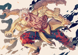 Rule 34 | 1boy, abs, absurdres, alternate skin color, asura&#039;s wrath, asura (asura&#039;s wrath), bare pectorals, character request, check character, dark-skinned male, dark skin, extra arms, flame print, forked eyebrows, full body, highres, male focus, muscular, muscular male, navel, nipples, no nipples, no pupils, pectorals, ryu (street fighter), short hair, sideburns, solo, stomach, street fighter, thick eyebrows, white hair, yuiofire