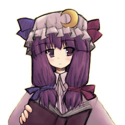 Rule 34 | 1girl, blue ribbon, book, crescent, crescent hair ornament, female focus, hair ornament, hair ribbon, hat, kurousou, long hair, mob cap, patchouli knowledge, purple eyes, purple hair, red ribbon, ribbon, simple background, sketch, solo, striped, touhou, upper body, vertical stripes, white background