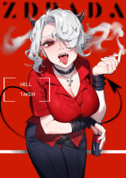 Rule 34 | 1girl, absurdres, black collar, black horns, black pants, breasts, character name, cigarette, cleavage, collar, collarbone, commentary request, copyright name, cross, cross necklace, demon girl, demon horns, demon tail, hair over one eye, half-closed eye, helltaker, highres, holding, holding cigarette, horns, jewelry, leaning forward, looking at viewer, necklace, pants, piercing, red background, red eyes, red shirt, sharp teeth, shirt, short hair, short sleeves, simple background, solo, tail, teeth, tefco, tongue, tongue out, white hair, zdrada (helltaker)