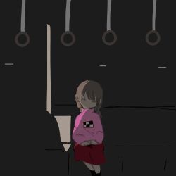 Rule 34 | 1girl, 3ma can omochi, abstract, black background, black socks, braid, brown hair, closed eyes, commentary, facing viewer, feet out of frame, hand grip, hands on lap, head tilt, high collar, highres, long sleeves, madotsuki, no mouth, pink sweater, pixels, red skirt, sidelighting, sitting, skirt, sleeping, socks, solo, straight-on, sweater, train interior, twin braids, yume nikki