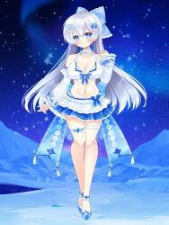 Rule 34 | 1girl, bare shoulders, bikini, blue bow, blue eyes, blue footwear, blue skirt, blush, bow, breasts, cleavage, closed mouth, copyright request, detached sleeves, frilled sleeves, frills, grey hair, hair between eyes, hair bow, hand up, highres, large breasts, long sleeves, navel, night, night sky, official art, outdoors, pleated skirt, shikito (yawa0w0), shoes, skirt, sky, sleeves past wrists, snowflakes, solo, star (sky), starry sky, swimsuit, white bikini, white sleeves