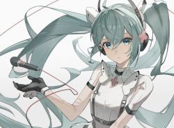 Rule 34 | 1girl, absurdres, aqua eyes, aqua hair, black gloves, butterfly wings, chest harness, commentary, cross, cross hair ornament, gloves, hair ornament, harness, hatsune miku, headphones, highres, insect wings, karasuro, long hair, looking at viewer, microphone, microphone cord, parted lips, project sekai, short sleeves, solo, twintails, upper body, very long hair, vocaloid, wings