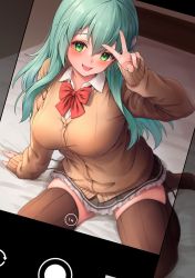 Rule 34 | 1girl, :d, aqua eyes, aqua hair, arm support, awa yume, bed sheet, black skirt, bow, bowtie, breasts, brown jacket, brown thighhighs, collared shirt, hair between eyes, hair ornament, hairclip, hand up, highres, jacket, kantai collection, large breasts, leaning to the side, looking at viewer, on bed, open mouth, pleated skirt, red bow, red bowtie, school uniform, shirt, sitting, skirt, smile, solo, suzuya (kancolle), suzuya kai ni (kancolle), taking picture, thighhighs, v, viewfinder, wariza, white shirt