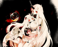 Rule 34 | 10s, 2girls, abyssal ship, bare shoulders, breasts, colored skin, dress, horns, kantai collection, large breasts, long hair, multiple girls, northern ocean princess, pale skin, red eyes, ribbed dress, seaport princess, short dress, shuri (84k), single horn, thigh strap, very long hair, white hair, white skin