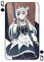 Rule 34 | 10s, 1girl, butterfly hair ornament, card, card (medium), chaika trabant, dress, eyebrows, graphite (medium), gun, hair ornament, hairband, hitsugi no chaika, holding, holding gun, holding weapon, long hair, nekonosora, open mouth, playing card, purple eyes, queen (playing card), queen of spades, solo, spade (shape), thighhighs, traditional media, trigger discipline, weapon, white hair