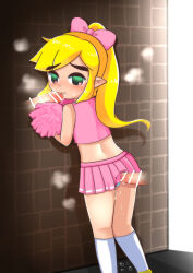 Rule 34 | 3boys, absurdres, against wall, alley, bar censor, blonde hair, blush, bow, brick wall, censored, cheerleader, cheerleader link, crop top, crossdressing, disembodied penis, erection, green eyes, hair bow, heart, heart-shaped pupils, highres, holding, holding pom poms, imminent anal, imminent fellatio, imminent penetration, kneehighs, link, long hair, looking at viewer, looking back, male focus, multiple boys, nintendo, official alternate costume, open mouth, papapaimon, penis, penis under another&#039;s clothes, pink bow, pink skirt, pleated skirt, pointy ears, pom pom (cheerleading), pom poms, ponytail, precum, sidelocks, skirt, sleeveless, socks, solo focus, standing, sweat, symbol-shaped pupils, tearing up, the legend of zelda, the legend of zelda: tri force heroes, toon link, trap, veins, veiny penis, yaoi