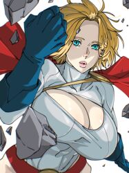 Rule 34 | 1girl, blonde hair, blue eyes, breasts, cape, cleavage, cleavage cutout, clothing cutout, dc comics, gloves, highres, large breasts, leotard, mattsunart, power girl, superhero costume