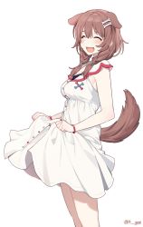 Rule 34 | 14 (vision5032), 1girl, :d, animal ears, bare arms, blush, bone hair ornament, braid, breasts, brown hair, buttons, closed eyes, cowboy shot, dog ears, dog girl, dog tail, dress, extra ears, from side, hair between eyes, hair ornament, hair tie, highres, hololive, inugami korone, inugami korone (1st costume), long hair, medium breasts, open mouth, simple background, skirt hold, sleeveless, sleeveless dress, smile, solo, standing, tail, twin braids, virtual youtuber, white background, white dress, wristband