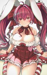 Rule 34 | 1girl, animal ears, bare shoulders, blush, breasts, choker, cleavage, collarbone, commentary request, detached sleeves, di gi charat, frilled skirt, frilled sleeves, frills, hair intakes, hair ribbon, haruken, heart, high-waist skirt, kneehighs, large breasts, long hair, looking at viewer, neck ribbon, pink hair, puffy short sleeves, puffy sleeves, rabbit ears, red eyes, red footwear, red ribbon, red skirt, ribbon, ribbon choker, short sleeves, sitting, skirt, smile, socks, solo, striped clothes, striped socks, thighs, twintails, usada hikaru, very long hair, wariza, white socks