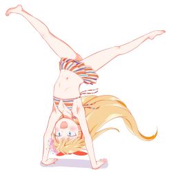 Rule 34 | 1girl, bikini, blonde hair, blue eyes, blush, flat chest, full body, handstand, highres, long hair, mayafufu, navel, open mouth, original, simple background, smile, solo, spread legs, striped bikini, striped clothes, swimsuit, upside-down, white background