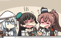 Rule 34 | 3girls, @ @, ^ ^, alcohol, aqua hat, beret, black gloves, black hair, black sailor collar, blue eyes, blush, breast pocket, brown hair, check commentary, choukai (kancolle), closed eyes, collarbone, commentary request, dated, dress, drunk, fingerless gloves, flying sweatdrops, gloves, hair between eyes, hammer and sickle, hamu koutarou, hat, hibiki (kancolle), highres, jitome, kantai collection, long hair, long sleeves, multiple girls, open mouth, partial commentary, pocket, remodel (kantai collection), sailor collar, sailor shirt, saratoga (kancolle), shirt, short sleeves, side ponytail, silver hair, single glove, sleeveless, smile, squeans, verniy (kancolle), white dress, white hat, white shirt