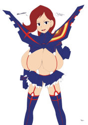 Rule 34 | 1girl, audrey page, black eyes, breasts, clenched hand, cosplay, english text, freckles, gloves, golden girl, halloween, halloween costume, highres, huge breasts, kill la kill, legs apart, maydrawfag, midriff, navel, no nipples, senketsu, simple background, skindentation, skirt, solo, standing, suspenders, tagme, the developing adventures of golden girl, thighhighs, thighs, white background, zettai ryouiki