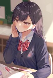Rule 34 | 1girl, black hair, black jacket, blush, bow, breasts, brown hair, chair, collared shirt, commentary request, desk, diagonal stripes, hair between eyes, hand up, highres, indoors, izumo neru, jacket, long hair, long sleeves, looking away, multicolored hair, on chair, original, parted lips, purple hair, red bow, school chair, school desk, shirt, sitting, sleeves past wrists, small breasts, solo, striped, striped bow, two-tone hair, upper body, white shirt