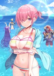 Rule 34 | 2boys, 3girls, arms up, artoria pendragon (fate), ball, bb (fate), bb (fate) (all), bb (swimsuit mooncancer) (fate), beachball, bikini, black shirt, blonde hair, blue jacket, blue sky, breasts, character request, closed mouth, cloud, collarbone, commentary request, day, fate/grand order, fate (series), floral print, hair ornament, hair over one eye, highres, horizon, jacket, kanikou, lancelot (fate/grand order), large breasts, long hair, looking at viewer, mash kyrielight, mash kyrielight (swimsuit of perpetual summer ver.02), multiple boys, multiple girls, mysterious heroine x (fate), mysterious heroine xx (fate), navel, ocean, official alternate costume, open clothes, open jacket, outdoors, pink hair, print shirt, purple eyes, purple hair, red hair, shirt, short hair, side-tie bikini bottom, sky, solo focus, standing, star (symbol), star hair ornament, striped bikini, striped clothes, sunglasses, sunlight, swimsuit, tristan (fate), very long hair, wet, wet hair, white bikini