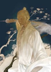 Rule 34 | 1boy, ashina isshin, balding, blue background, branch, facial hair, goat, highres, holding, holding sword, holding weapon, japanese clothes, looking ahead, male focus, mustache, old, old man, one eye closed, outstretched arm, qi dongye yu, robe, scar, scar across eye, sekiro: shadows die twice, sword, topknot, weapon, white background, white hair, white robe