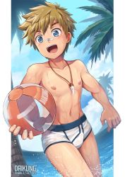 Rule 34 | 1boy, absurdres, ball, beachball, blue eyes, borrowed character, briefs, brown hair, bulge, cowboy shot, daikung, dated, day, edging briefs, eyebrows, highres, holding, holding ball, holding beachball, jewelry, male focus, male underwear, navel, necklace, nipples, open mouth, original, outdoors, palm tree, smile, solo, teeth, tooth necklace, topless male, tree, underwear, underwear only, upper teeth only, wet, wet clothes, wet male underwear, wet underwear, white briefs, white male underwear