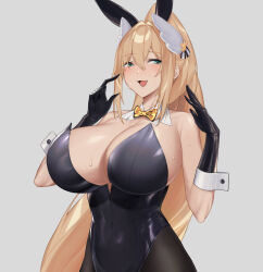 Rule 34 | 1girl, :d, absurdres, animal ear headwear, animal ears, bare shoulders, befe, black gloves, black leotard, black pantyhose, blonde hair, bow, bowtie, breasts, cleavage, covered navel, detached collar, embarrassed, fake animal ears, fang, gloves, goddess of victory: nikke, green eyes, hair between eyes, hair intakes, hair ornament, highleg, highleg leotard, highres, huge breasts, leotard, long hair, looking to the side, official alternate costume, open mouth, pantyhose, playboy bunny, ponytail, rabbit ears, rupee (nikke), rupee (rabbit deluxe) (nikke), sidelocks, simple background, skin fang, smile, solo, strapless, strapless leotard, sweat, very long hair, wrist cuffs, yellow bow, yellow bowtie