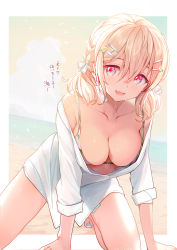 Rule 34 | 1girl, :d, aqua nails, bandaid, bandaid on neck, bare shoulders, barefoot, beach, blonde hair, blush, breasts, cleavage, cloud, cloudy sky, collarbone, commentary request, eyelashes, fang, flower, hair between eyes, hair flower, hair ornament, hairclip, highres, kagawa ichigo, large breasts, long sleeves, looking at viewer, low twintails, medium breasts, nail polish, ocean, open mouth, original, outdoors, red eyes, shirt, short hair, short twintails, sky, smile, solo, strap gap, toenail polish, toenails, toes, translation request, twintails, white shirt
