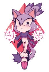 Rule 34 | 1girl, animal ears, blaze the cat, candycatstuffs, cat ears, cat girl, cat tail, clenched hands, fire, forehead jewel, fur-trimmed footwear, fur-trimmed gloves, fur trim, furry, furry female, gloves, highres, jacket, pants, pink footwear, ponytail, purple jacket, sonic (series), tail, white gloves, white pants, yellow eyes