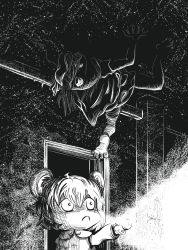Rule 34 | 2girls, animal ears, closed mouth, commentary request, cookie (touhou), dark, doorway, flashlight, flashlight beam, full body, greyscale, hair between eyes, hisaka (cookie), indoors, konno thunder mcqueen, long sleeves, monochrome, mouse ears, multiple girls, nazrin, nyon (cookie), on ceiling, remilia scarlet, short hair, touhou, upper body