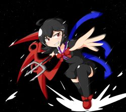 Rule 34 | 1girl, ahoge, asymmetrical wings, black dress, black hair, blush, cocked eyebrow, dress, foreshortening, grin, houjuu nue, looking at viewer, manorea, motion lines, polearm, reaching, reaching towards viewer, red eyes, red footwear, shoes, short dress, short hair, smile, solo, space, thighhighs, touhou, trident, weapon, wings, zettai ryouiki