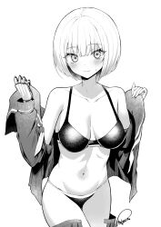 Rule 34 | 1girl, bikini, bikini under clothes, blush, closed mouth, collarbone, greyscale, highres, looking at viewer, monochrome, neckerchief, open clothes, open shirt, open skirt, original, piripun, pleated skirt, prosthesis, prosthetic arm, sailor collar, short hair, signature, simple background, skirt, solo, sweat, swimsuit, white background