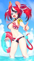 Rule 34 | 1girl, absurdres, alternate costume, animal ears, beach, bikini, black hair, blue eyes, breasts, cheese, choker, english text, food, groin tendon, hair between eyes, hakos baelz, highres, hololive, hololive english, innertube, medium breasts, mouse ears, mouse girl, mouse tail, mousetrap, multicolored hair, pointing, pointing at viewer, red hair, shouting, solo, spiked choker, spikes, streaked hair, swim ring, swimsuit, tail, virtual youtuber, water, white hair, yoako
