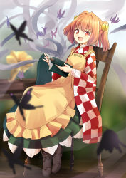 Rule 34 | 1girl, apron, aura, bell, boots, bow, brown footwear, bug, butterfly, chair, character name, checkered clothes, checkered kimono, clothes writing, commentary request, frilled apron, frilled skirt, frills, green skirt, hair bell, hair ornament, happy, highres, insect, japanese clothes, jingle bell, kachuten, kanji, kimono, long sleeves, medium hair, motoori kosuzu, open mouth, orange eyes, orange hair, phonograph, red kimono, romaji text, scroll, scroll tube, shirt, sitting, skirt, solo, touhou, twintails, two-tone kimono, two side up, white kimono, white shirt, wide sleeves, wooden chair, yellow apron, yellow bow