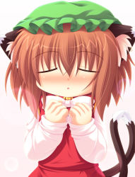 Rule 34 | 1girl, animal ears, bad id, bad pixiv id, blush, cat ears, cat girl, cat tail, chen, dress, ear piercing, earrings, closed eyes, female focus, hands on own chest, hat, imminent kiss, incoming kiss, jewelry, multiple tails, nekomata, piercing, red dress, solo, tail, touhou, upper body, yokuran