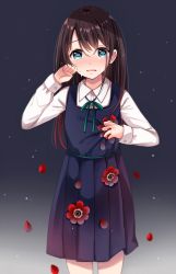 Rule 34 | 1girl, anemone (flower), blue eyes, blue skirt, blue vest, blush, brown hair, collared shirt, commentary request, cowboy shot, crying, crying with eyes open, dress, dress shirt, fingernails, flower, gradient hair, green ribbon, hair between eyes, hand up, highres, holding, long sleeves, looking at viewer, multicolored hair, neck ribbon, nose blush, original, parted lips, petals, pinafore dress, pleated skirt, red flower, red hair, ribbon, sakura hiyori, school uniform, shirt, skirt, sleeveless dress, solo, tears, vest, white shirt
