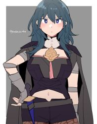 Rule 34 | 1girl, black cape, black shorts, blue hair, blush, border, brown pantyhose, byleth (female) (fire emblem), byleth (fire emblem), cape, closed mouth, commentary request, do m kaeru, expressionless, fire emblem, fire emblem: three houses, grey background, hair between eyes, hand on own hip, long hair, looking at viewer, navel, nintendo, outside border, pantyhose, purple eyes, sheath, sheathed, short sword, shorts, simple background, solo, sword, twitter username, weapon, white border