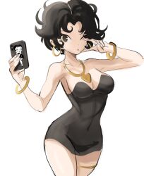 Rule 34 | 1girl, betty boop, betty boop (character), black dress, black eyes, black hair, breasts, cleavage, dress, earrings, eyebrows, gold necklace, highres, hoop earrings, jewelry, looking to the side, medium breasts, messy hair, necklace, one eye closed, phone, pout, rakeemspoon, see-through, see-through dress, selfie, short hair, simple background, sketch, solo, taking picture, thighlet, wink