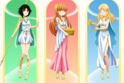 Rule 34 | 3girls, alternate costume, ancient greek clothes, black hair, blonde hair, blossom (ppg), bow, bubbles (ppg), buttercup (ppg), cape, chiton, closed eyes, dress, flower, greco-roman clothes, greek mythology, green eyes, hair bow, harp, heart, instrument, long hair, looking at viewer, multiple girls, open mouth, orange hair, peplos, pink eyes, polearm, powerpuff girls, sandals, short hair, siblings, smile, spear, toga, weapon, xenokurisu
