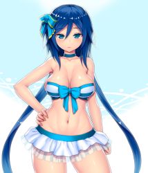 Rule 34 | 1girl, arm at side, armpit peek, asamura hiori, bikini, bikini skirt, blue bikini, blue bow, blue choker, blue eyes, blue hair, blue neckwear, bow, breasts, breasts apart, choker, closed mouth, collarbone, commentary request, contrapposto, expressionless, fingernails, front-tie bikini top, front-tie top, hair between eyes, hair bow, hand on own hip, highres, large breasts, long hair, looking at viewer, mother (pso2), navel, phantasy star, phantasy star online 2, see-through, shiny skin, solo, standing, stomach, striped bikini, striped clothes, swimsuit, upper body, very long hair, white background