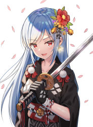 Rule 34 | 1girl, 5ya, bell, black gloves, black kimono, blue hair, breasts, cherry blossoms, collarbone, copyright request, earrings, flower, gloves, hair bell, hair flower, hair ornament, hand up, highres, holding, holding sword, holding weapon, japanese clothes, jewelry, jingle bell, kimono, long hair, looking at viewer, medium breasts, obi, red eyes, red flower, rope, sash, simple background, smile, solo, sword, upper body, very long hair, weapon, white background, wide sleeves, wind