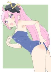 Rule 34 | 1girl, :d, absurdres, adjusting clothes, adjusting swimsuit, ahoge, ass, bad id, bad twitter id, bare arms, bare shoulders, blue one-piece swimsuit, blush, border, cowboy shot, donguri suzume, fang, green background, hair ribbon, hat, heart, heart-shaped pupils, highres, long hair, looking at viewer, mole, mole under eye, mole under mouth, oda nobuhime, oda nobuhime (channel), one-piece swimsuit, open mouth, peaked cap, pink hair, ponytail, purple eyes, red ribbon, ribbon, school swimsuit, simple background, smile, solo, standing, swimsuit, symbol-shaped pupils, virtual youtuber, wedgie, white border