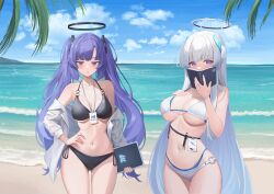 Rule 34 | 2girls, absurdres, alternate costume, alternate hairstyle, andamiro, bare shoulders, beach, bikini, black bikini, blue archive, blue eyes, blue hair, blue sky, book, breasts, cleavage, commentary, day, gluteal fold, half-closed eyes, halo, halterneck, hand on own hip, highres, holding, holding book, id card, korean commentary, large breasts, layered bikini, long hair, looking at viewer, medium breasts, multiple girls, navel, noa (blue archive), ocean, open clothes, open mouth, open shirt, outdoors, pen, purple eyes, shirt, side-tie bikini bottom, simple background, sky, stomach, string bikini, swimsuit, twintails, underboob, very long hair, water, white bikini, white hair, white shirt, yuuka (blue archive)