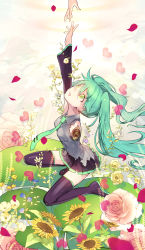 Rule 34 | absurdres, amputee, android, aqua hair, bad id, bad pixiv id, flower, green eyes, hatsune miku, heart, hello planet (vocaloid), highres, long hair, necktie, noco (adamas), skirt, solo, tears, thighhighs, twintails, very long hair, vocaloid, zettai ryouiki