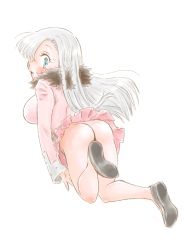 Rule 34 | 10s, 1girl, aqua eyes, ass, blush, breasts, elizabeth liones, from behind, grey hair, hair over one eye, large breasts, long hair, looking back, nanatsu no taizai, no panties, ohshioyou, open mouth, pleated skirt, skirt, solo, upskirt, white background